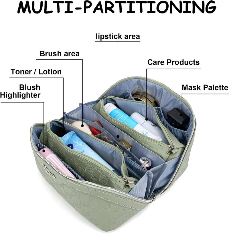BOYATU Travel Makeup Bag Organizer Cosmetic Bag: 3 Pcs Set Make up Bags for Women with Handle - Waterproof Vegan Leather Toiletry Bags Travel Essentials Pouch with Compartments (01-D-Green) - Image 2